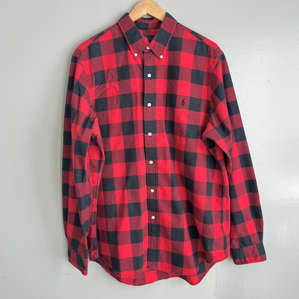 Ralph Lauren Button Down Flannel Mens XL Red Black Buffalo Plaid Outdoor Vintage